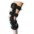 Black anterior ligament knee supporter with adjustable straps and hinge joints shown in size M-R format