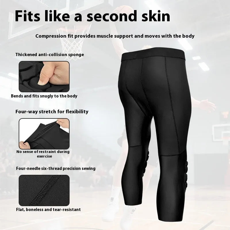 Men's basketball tight cropped leggings with integrated anti-collision knee pad, TWA 0205 Black