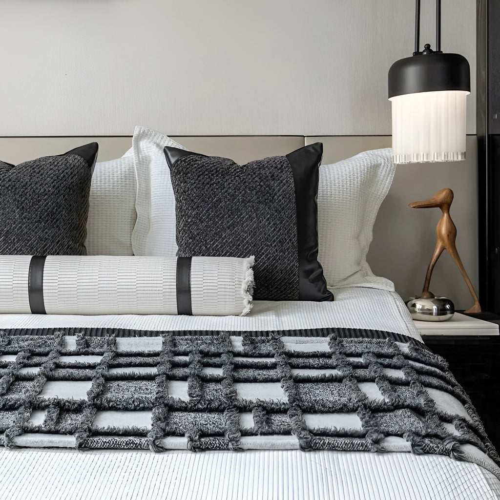 Modern grey and white plaid polyester bed runner set with leather pillow on a 1.8m bed