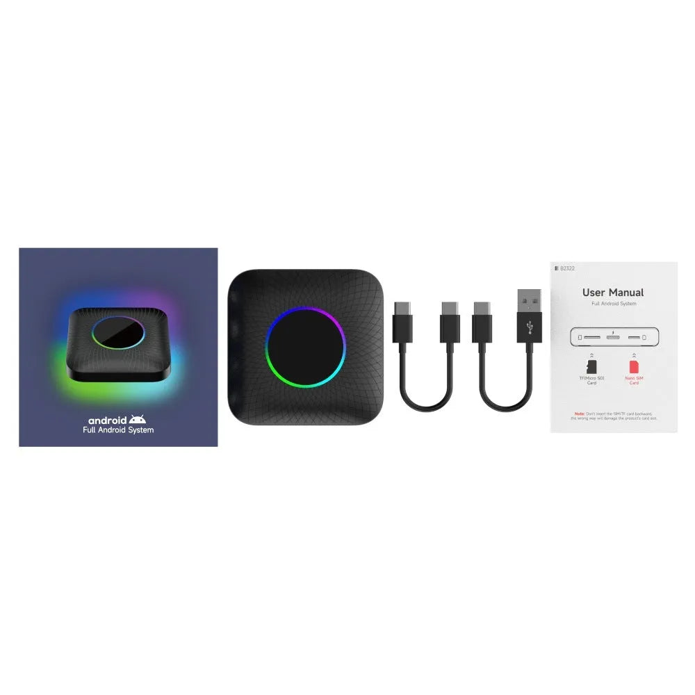 Compact square wireless CarPlay adapter box for cars with factory wired CarPlay systems.