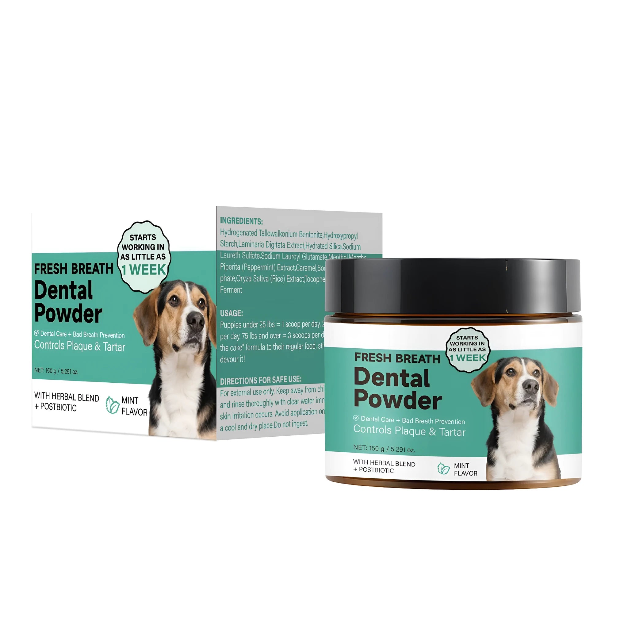 150g tin of Dog Breath Tooth Cleaning Powder, mint flavour for plaque control.