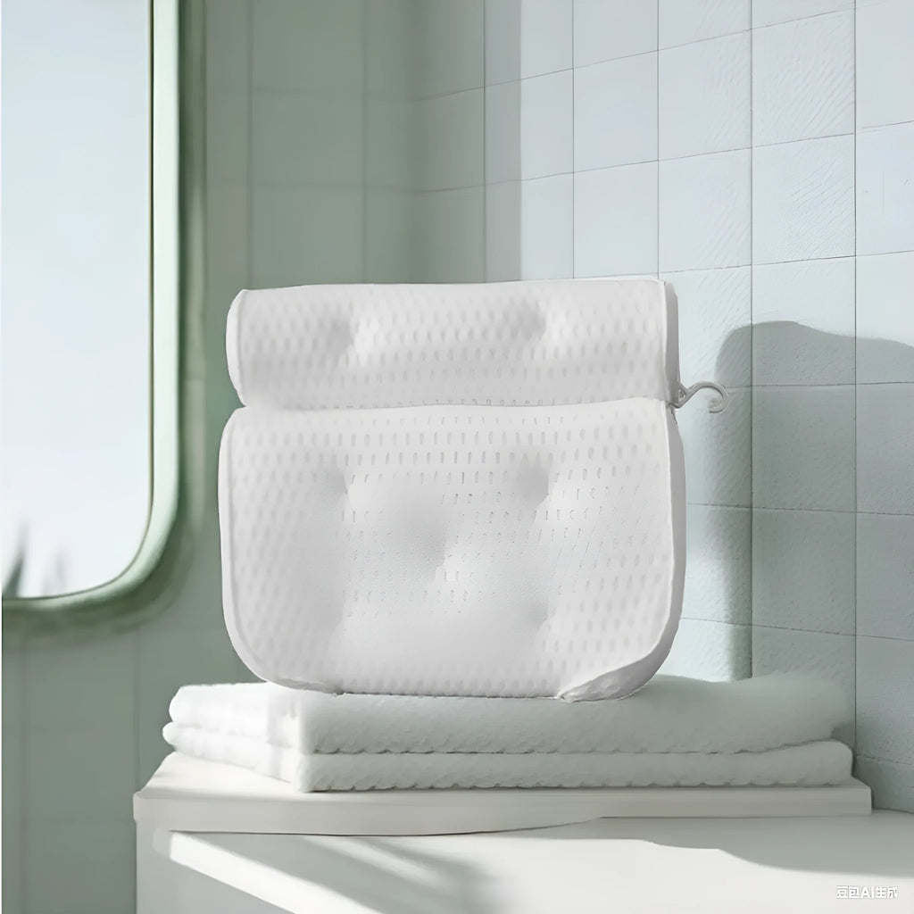 White 4D mesh bathtub pillow with non-slip suction cups, shown on a bathtub.