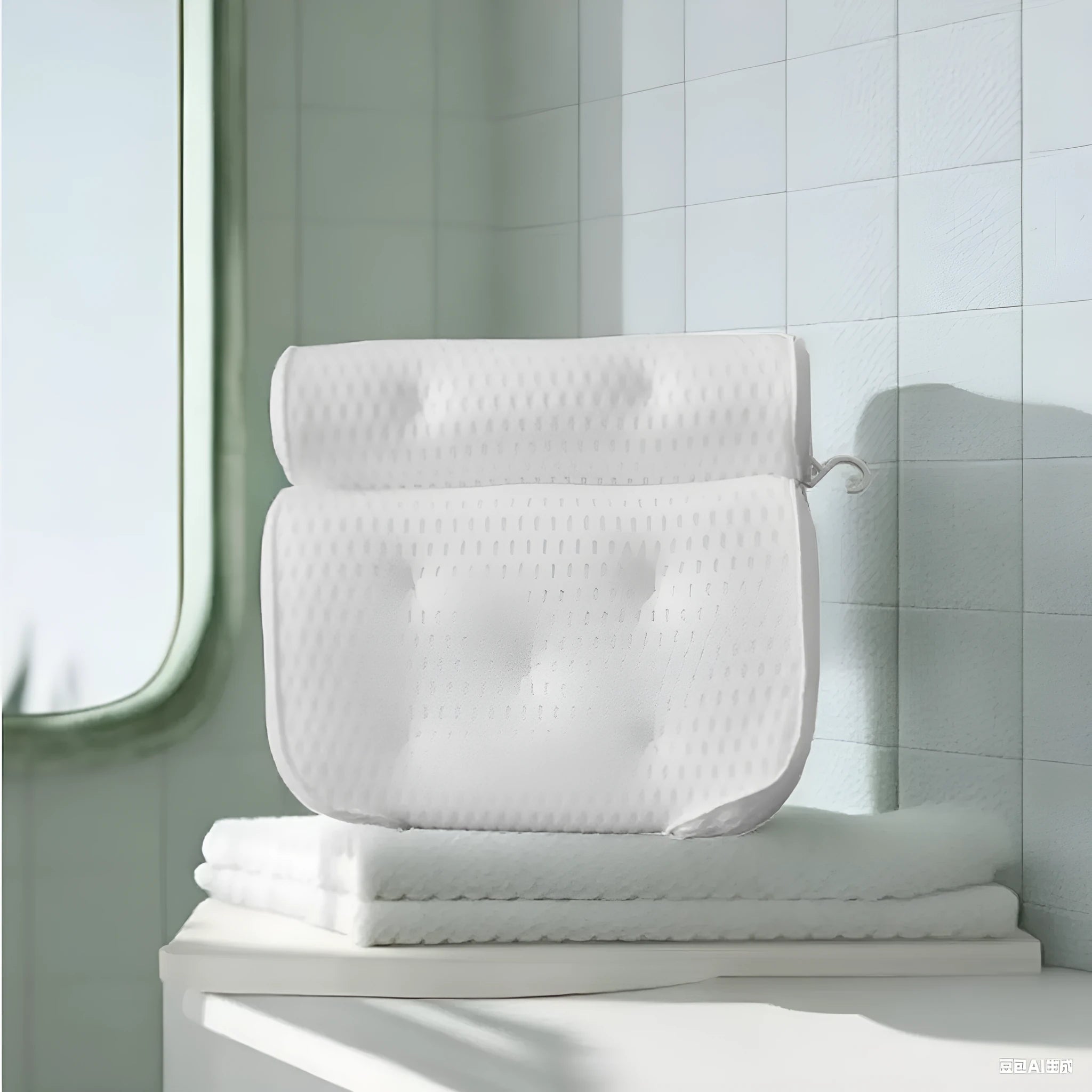 White 4D mesh bathtub pillow with non-slip suction cups, shown on a bathtub.