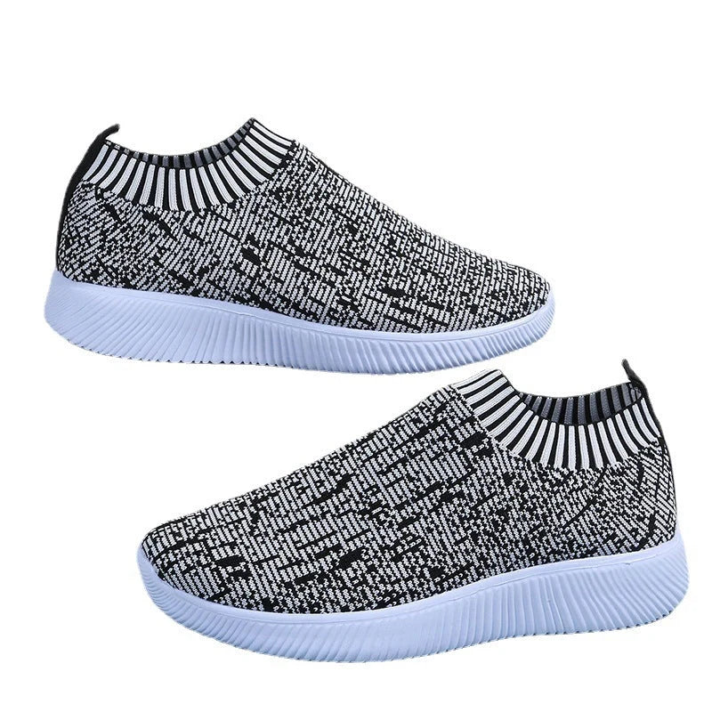 Stripe knit sock shoes in white, grey, and flower colour for running and walking