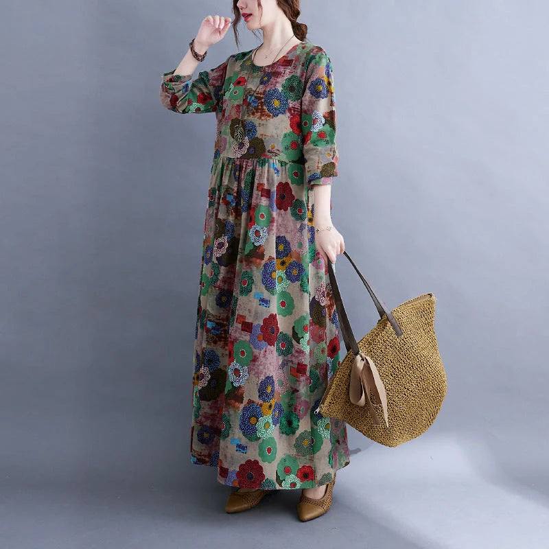 Literary inspired plus size long sleeve dress in cotton blend with unique print