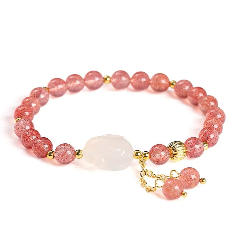 Women's strawberry quartz agate bracelet with 6mm geometric beads and White Rabbit design