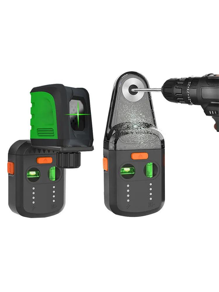 Red hammer drill dust collector accessory with integrated laser level and mounting bracket.
