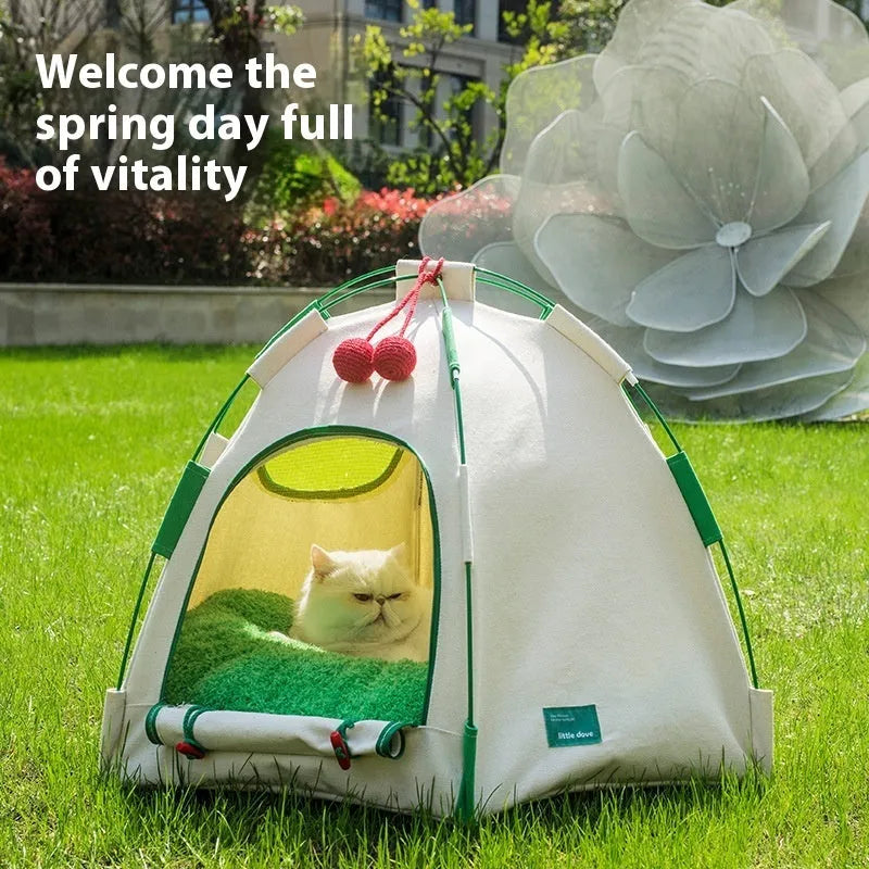 Dome-shaped cloth cat tent with optional thick mat pad for four-season use as pet bed or cage