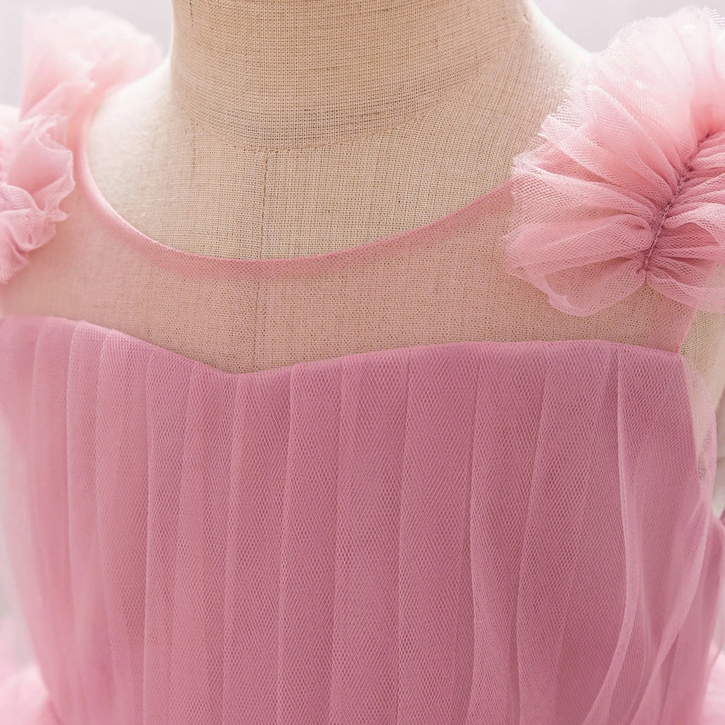 Girls sleeveless mesh long dress in bean pink Trueran fabric, suitable height 70-110cm