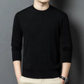 Men's round neck long sleeve wool blend sweater in a neutral colour on a hanger