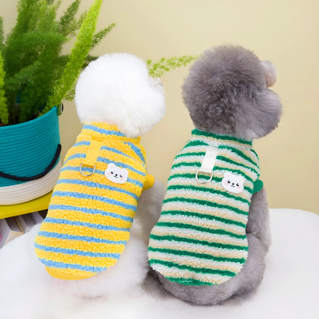 Thickened striped bear pet top in polar fluff, green colour, showing front view on a small dog