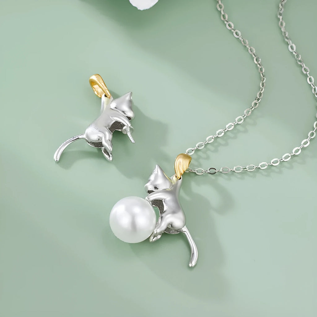 925 sterling silver cat pendant clavicle necklace with chain and pearl bead options