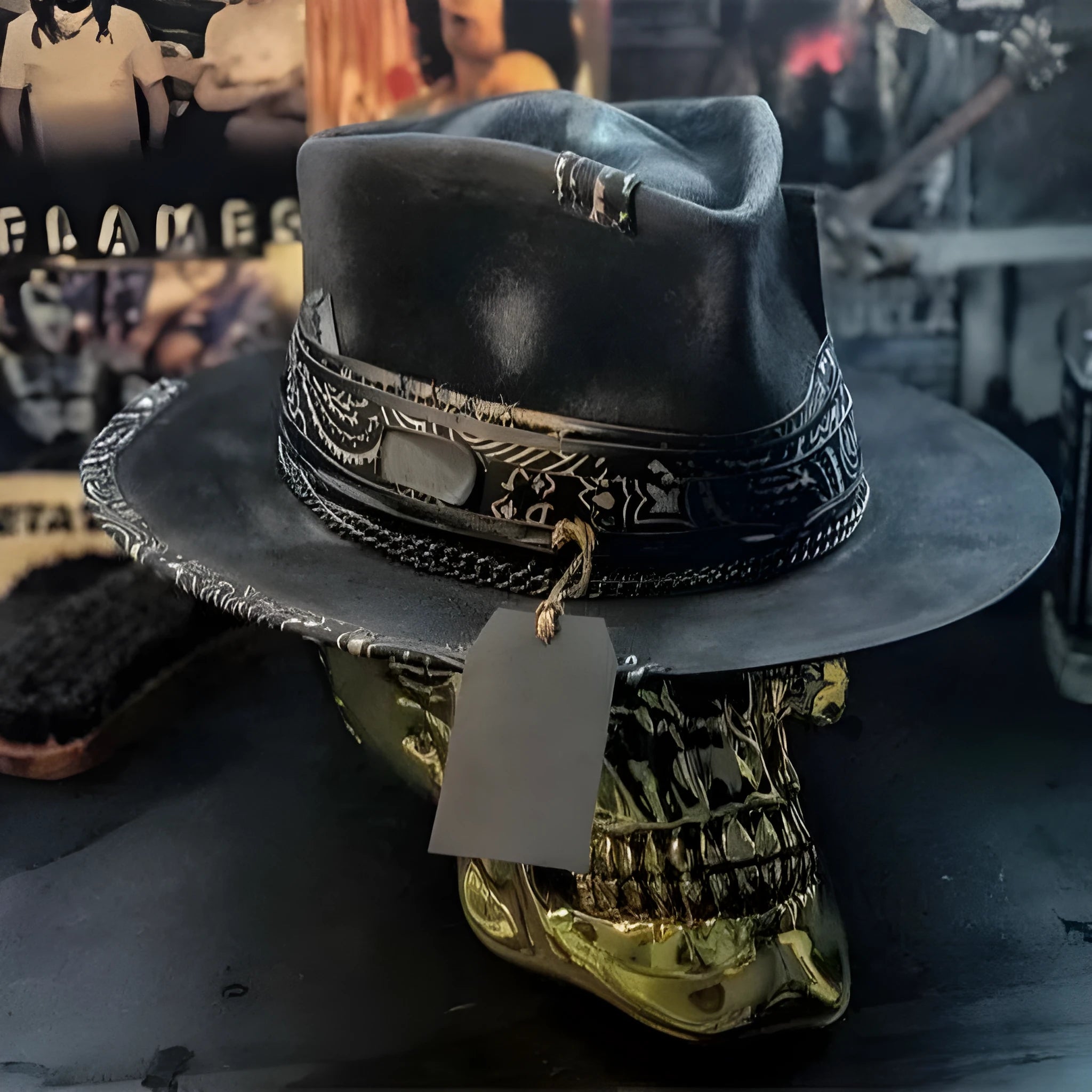 Handmade wool felt hat with conical crown and skull embroidery on a denim base.