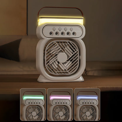 Black 3-in-1 portable USB air cooler with 7-colour LED lights, 170x75x240mm, showing water tank and speed controls