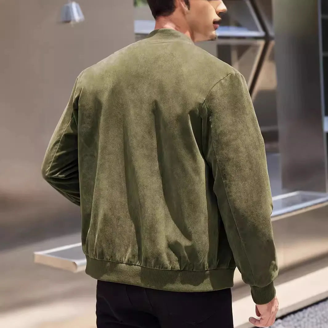 Suede solid colour polyester coat in brown, regular length, with collar and front buttons, shown on mannequin