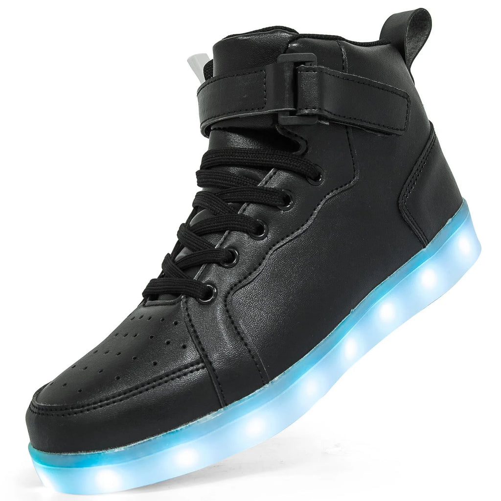 LED light-up high-top board shoes with Velcro strap in black, gold, or white on rubber sole