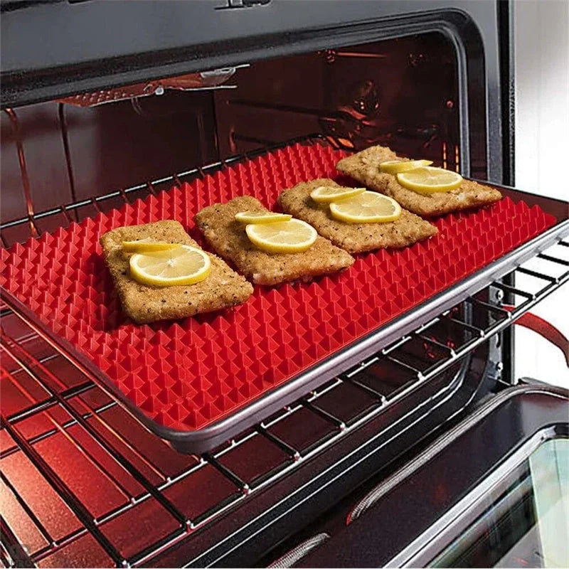 Red silicone pyramid cooking mat with grid for oven and BBQ, 39.5x27.5x1cm