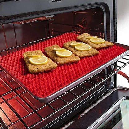 Red silicone pyramid cooking mat with grid for oven and BBQ, 39.5x27.5x1cm