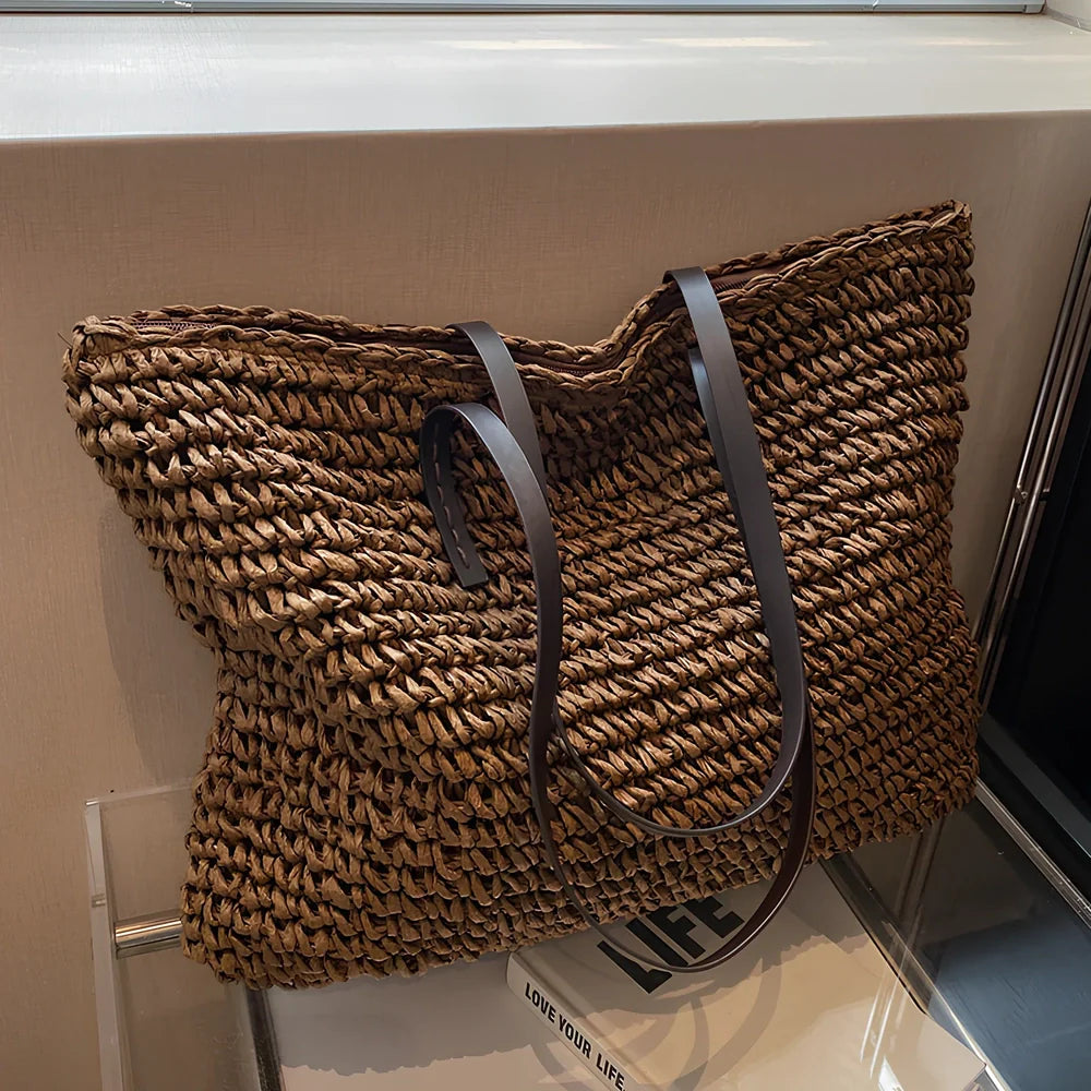 Brown woven summer shoulder bag, 42x36x4 cm large capacity with zipper for women's beach use