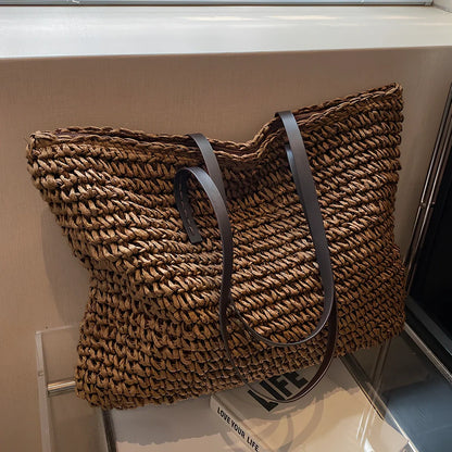 Brown woven summer shoulder bag, 42x36x4 cm large capacity with zipper for women's beach use