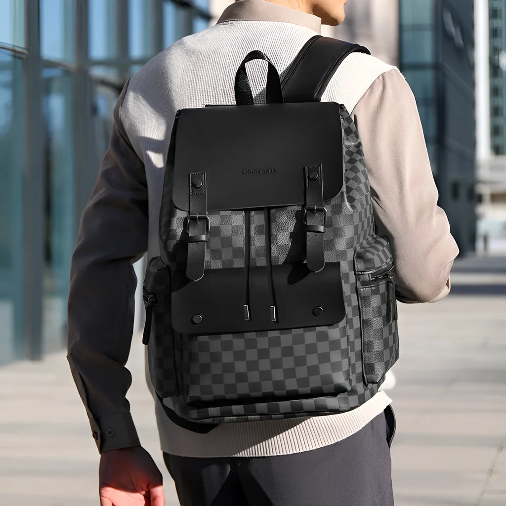 Men's plaid commute backpack in black plaid wear-resistant PU material with curved shoulder straps
