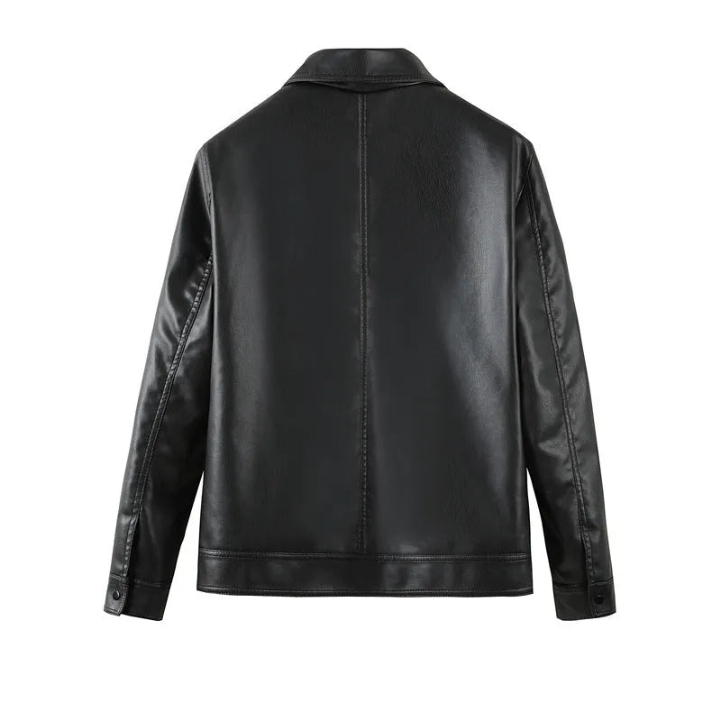 Men's black PU leather casual jacket with a zipper pocket on a hanger.
