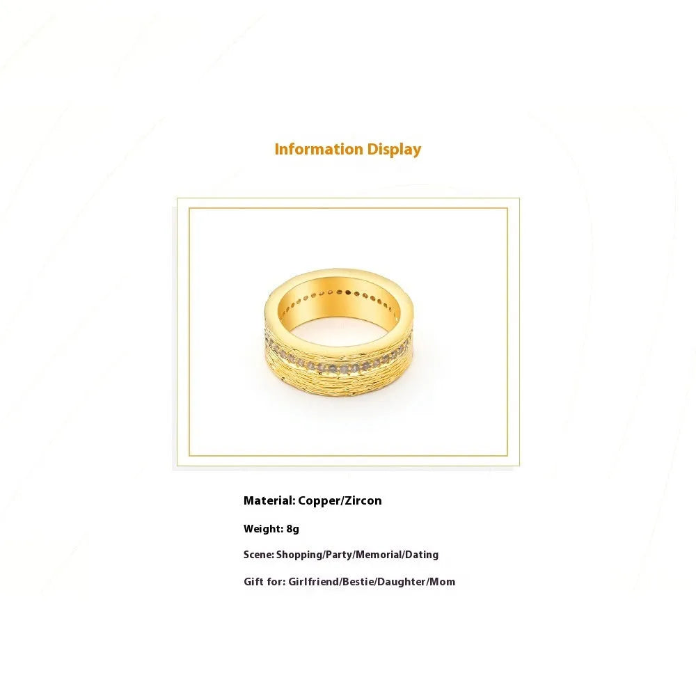 Geometric gold-colour women's ring in copper with electroplated finish, shown in sizes 6, 7, 8