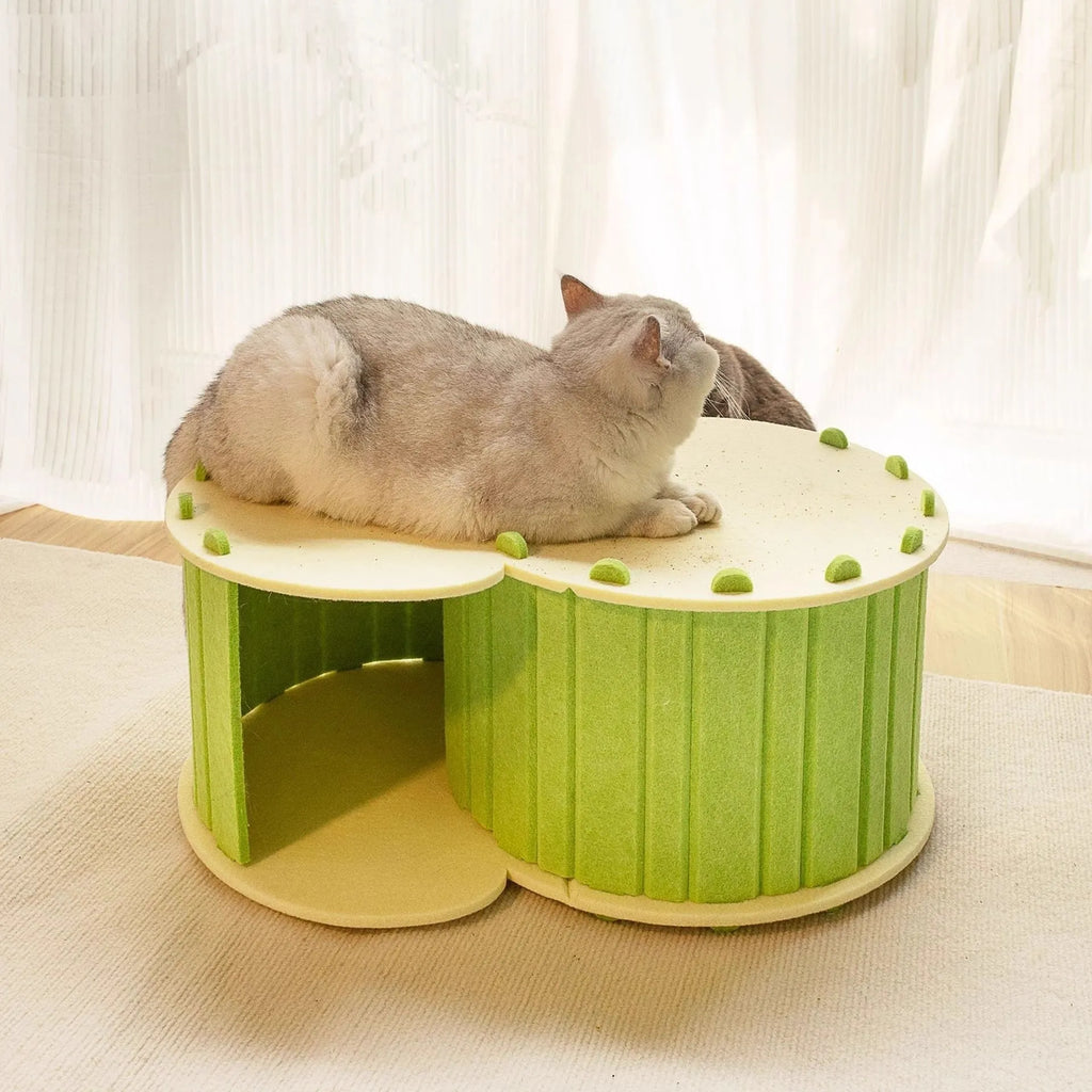 Foldable semi-closed felt cat scratch board nest in camel colour, 58x40x24 cm, on a light background
