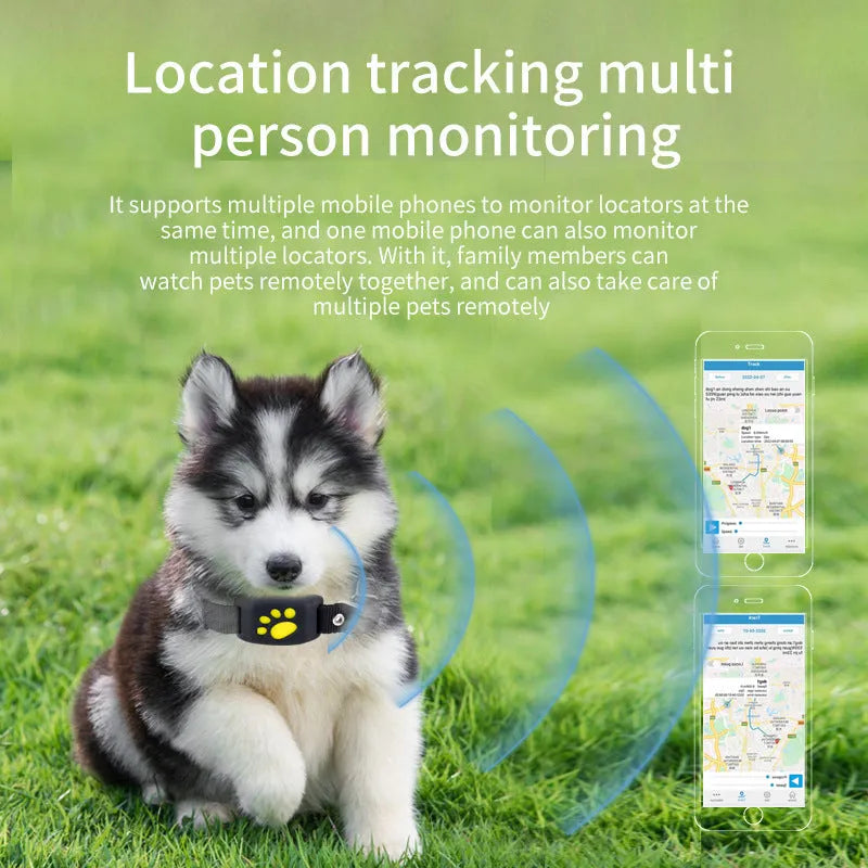 Black waterproof GPS pet tracker device showing dimensions next to a dog collar.