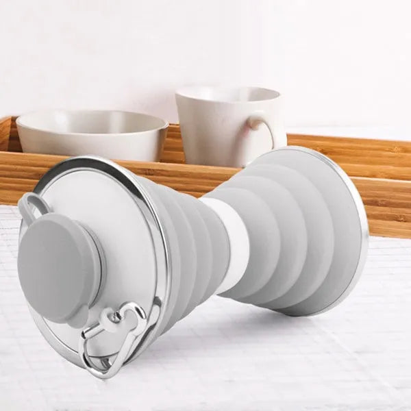500ml collapsible silicone travel cup shown folded and unfolded with hanging rope and stainless steel rim