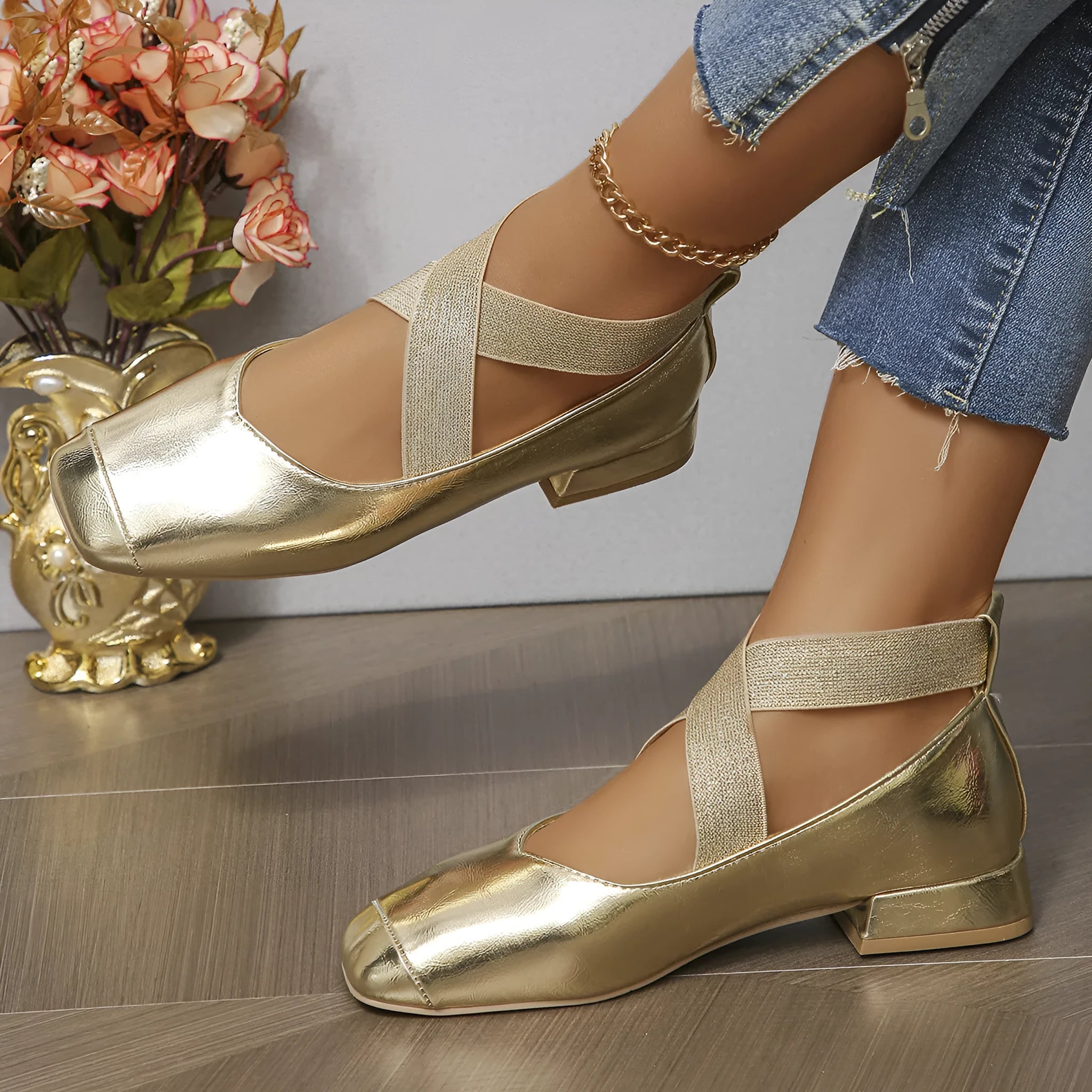 Gold French evening slip-on pumps with square toe and low heel