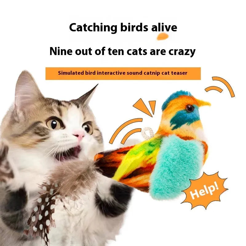 Bird simulation cat plush toy showing colourful bird design with soft plush material for feline enrichment