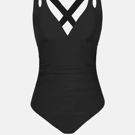 Solid colour one-piece swimsuit with triangle bikini top and cross shoulder straps.