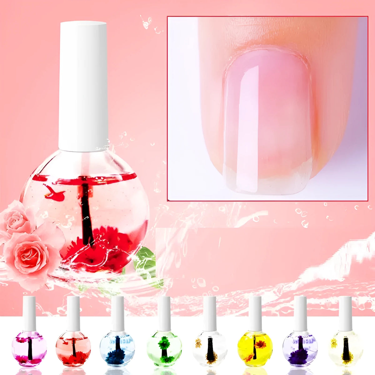 Nail Beauty Dried Flowers Nutrition Nail Treatment Oil 15ml in a clear bottle with visible dried flowers, one of 8 colour options