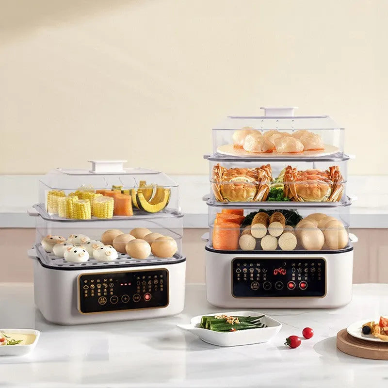 28-litre stainless steel electric food steamer with automatic measuring function on a kitchen counter.