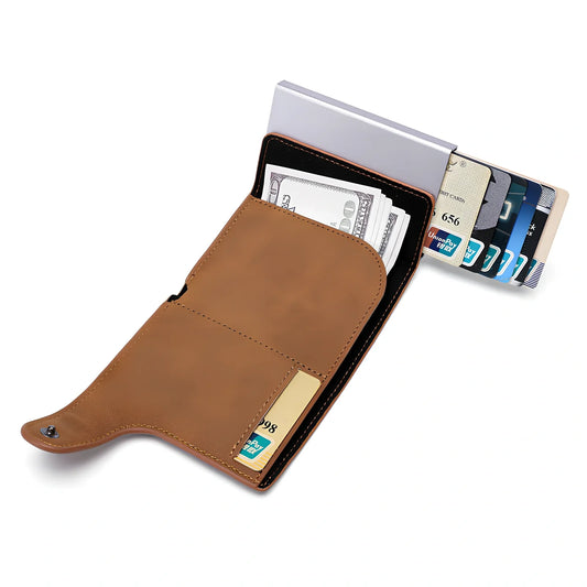 Black Crazy Horse leather aluminium card case wallet, 9.5 cm slim design with magnetic buckle and coin slot