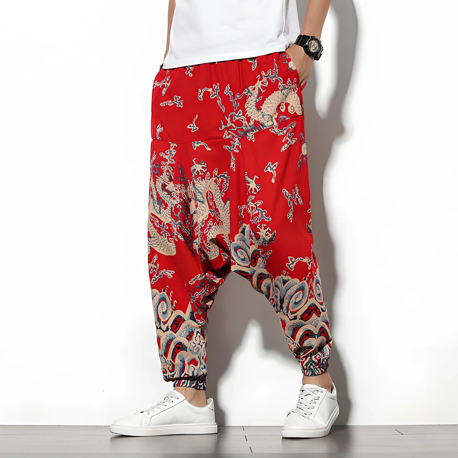 Summer bohemian loose wide-leg cotton trousers in Tibetan blue elephant flower print, mid-waist nine-point length 70-82cm, sizes M-5XL