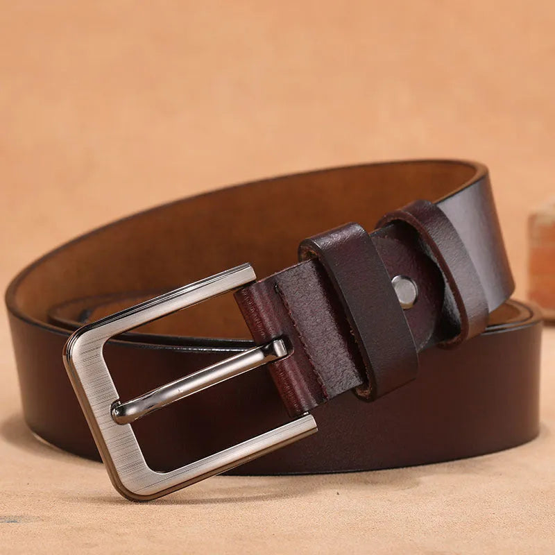 Square head pin buckle jeans belt in black or brown colour with alloy hardware and multiple length options