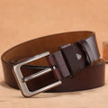 Square head pin buckle jeans belt in black or brown colour with alloy hardware and multiple length options