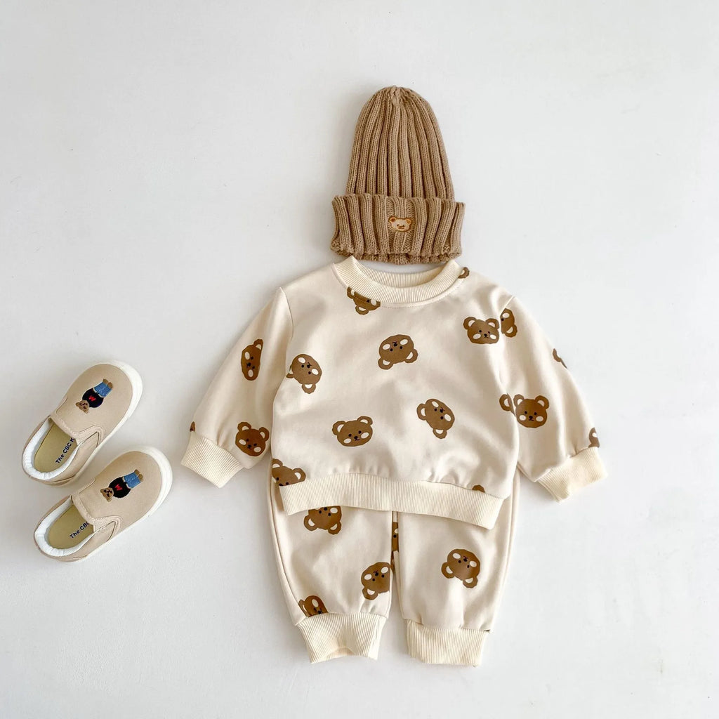 Baby cotton round neck bear cartoon sweater and trousers suit in rice apricot for 66-100cm height