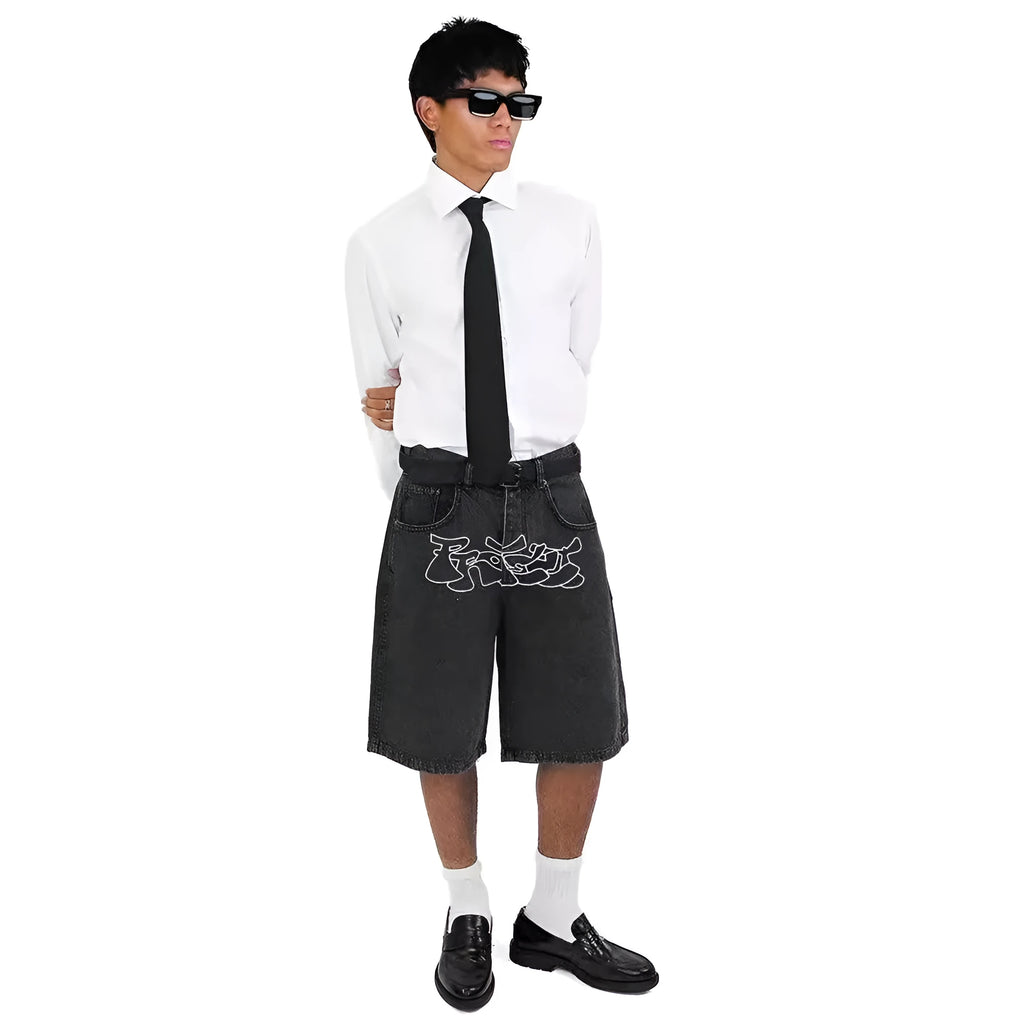 Men's straight-leg denim shorts in D36 colour for hip hop casual summer wear