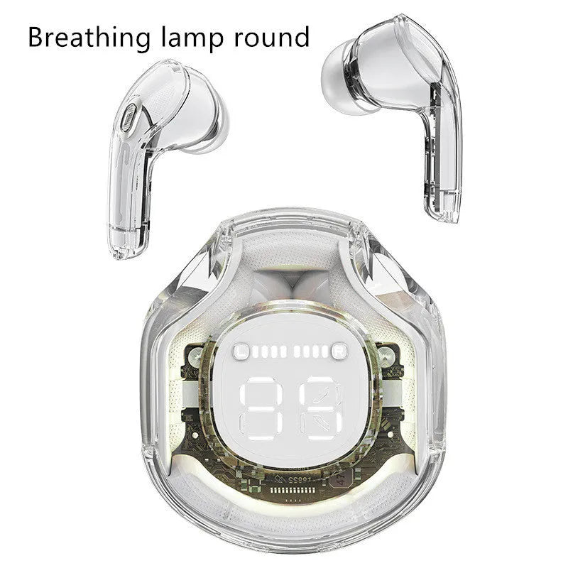 Transparent wireless Bluetooth in-ear headset shown in multiple colours against a plain background.