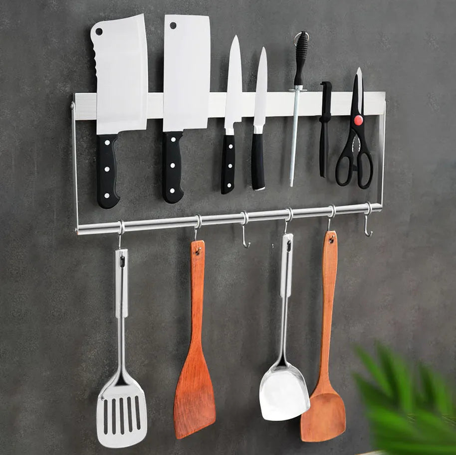 Stainless steel wall-mounted magnetic knife storage rack in various sizes.