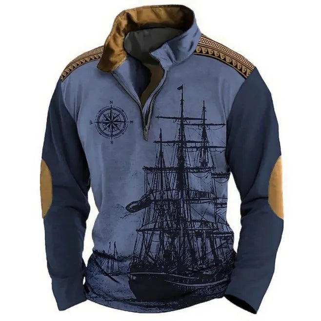 Men's retro colour print golf t-shirt with striped bird eye cloth fabric and zipper decorations