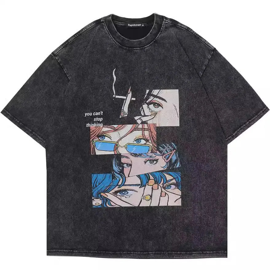 Men's black retro t-shirt with cartoon digital print showing loose fit and short sleeve design