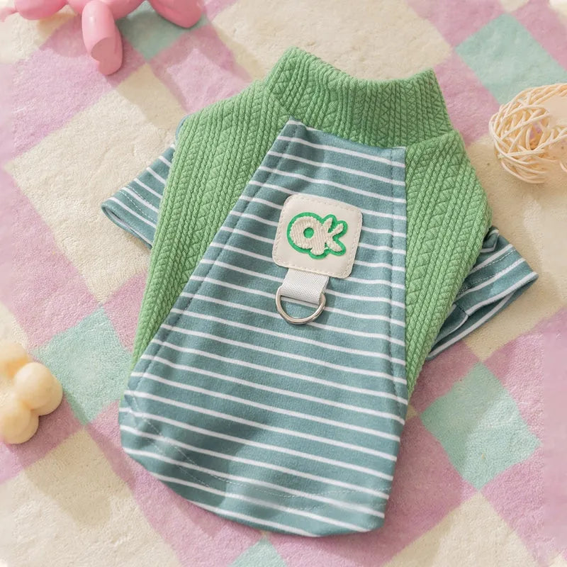 Cute striped knitted dog shirt with metal belt loop, pink and blue stripes style