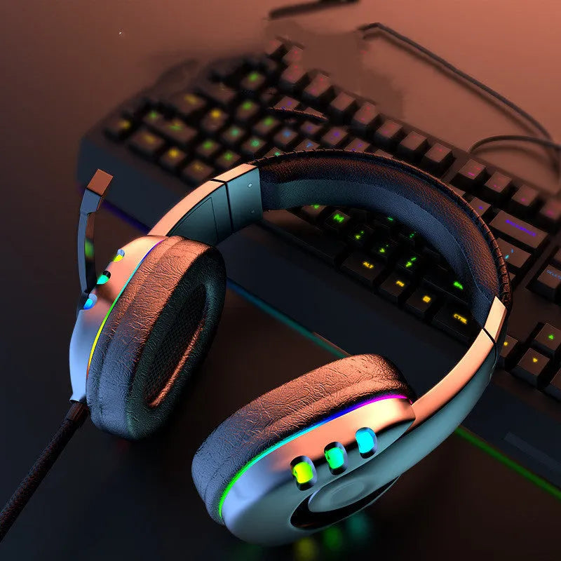 Black gaming headset with colourful LED lighting, omnidirectional microphone, and nylon-braided cable