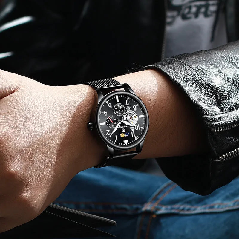 Black men's mechanical watch with moon phase display and luminous hands on alloy case