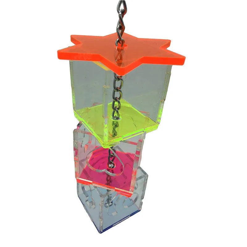 Clear acrylic parrot foraging toy with food container measuring 32cm long