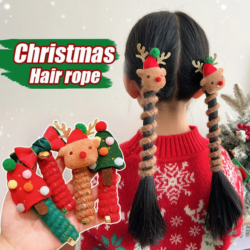 Festive Christmas hair ties for girls in various holiday-themed designs, including red bells, green trees, and khaki deer.